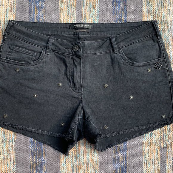 NWT Maison Scotch Black Denim Shorts Star Studded Low Rise Denim Shorts - Picture 1 of 9
